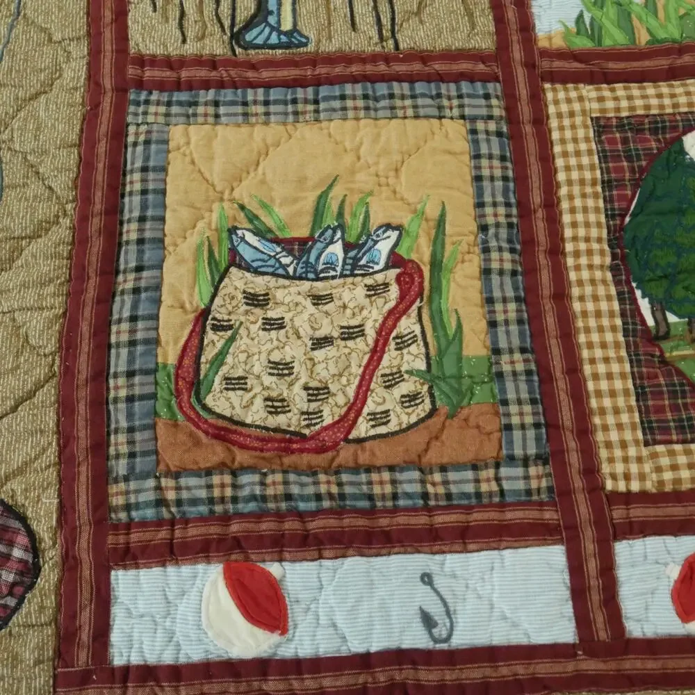Vintage Applique‎ Fishing Quilt Man Cave Cabin Outdoor Novelty Patch Magic 58x49